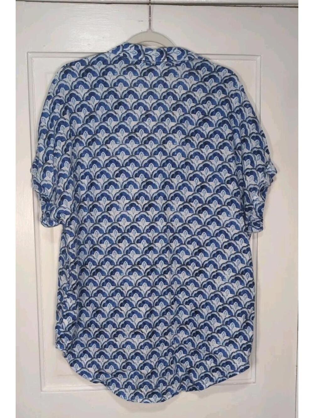 Sigrid Olsen Blue White Scallop Shell Print Linen V-Neck Blouse Women's 1X (1362 - Picture 5 of 5